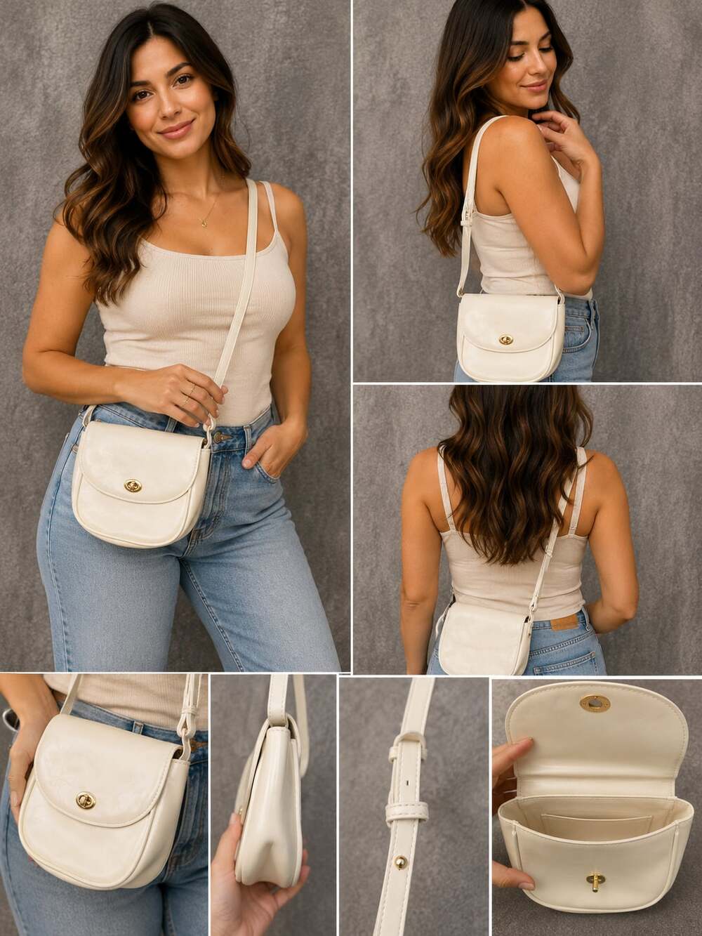 Minimalist Vintage-Style Cream Leather Turnlock Crossbody Bag